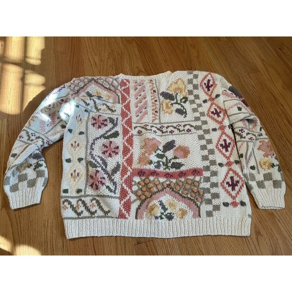 Vintage Jennifer Reed Hand Knit Cottage Core Floral Sweater Large White - Picture 6 of 6